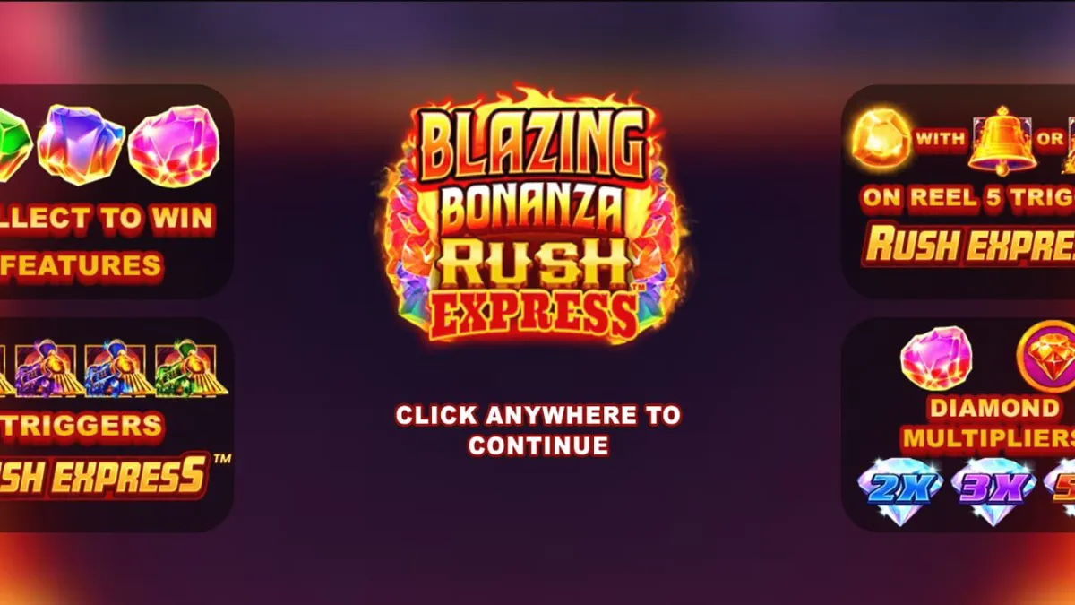 Tampilan antarmuka mobile slot Blazing Bonanza Rush Express dengan latar belakang tambang emas.