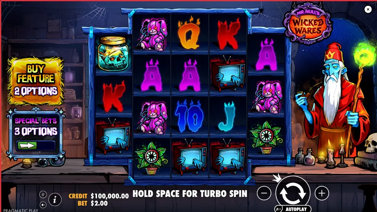 Tampilan visual slot Mr. Null’s Wicked Wares dengan tema horor arcade